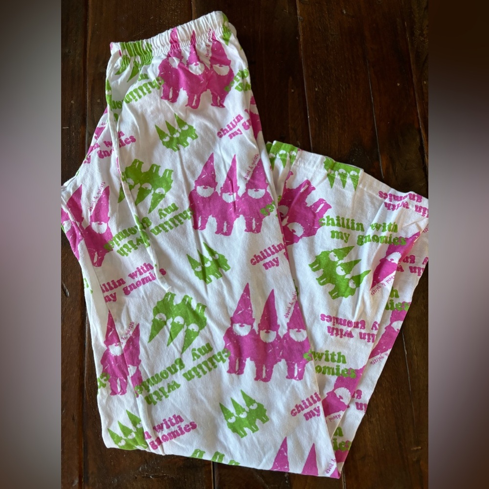 Never worn David and Goliath lounge pants- chilling with my gnomies